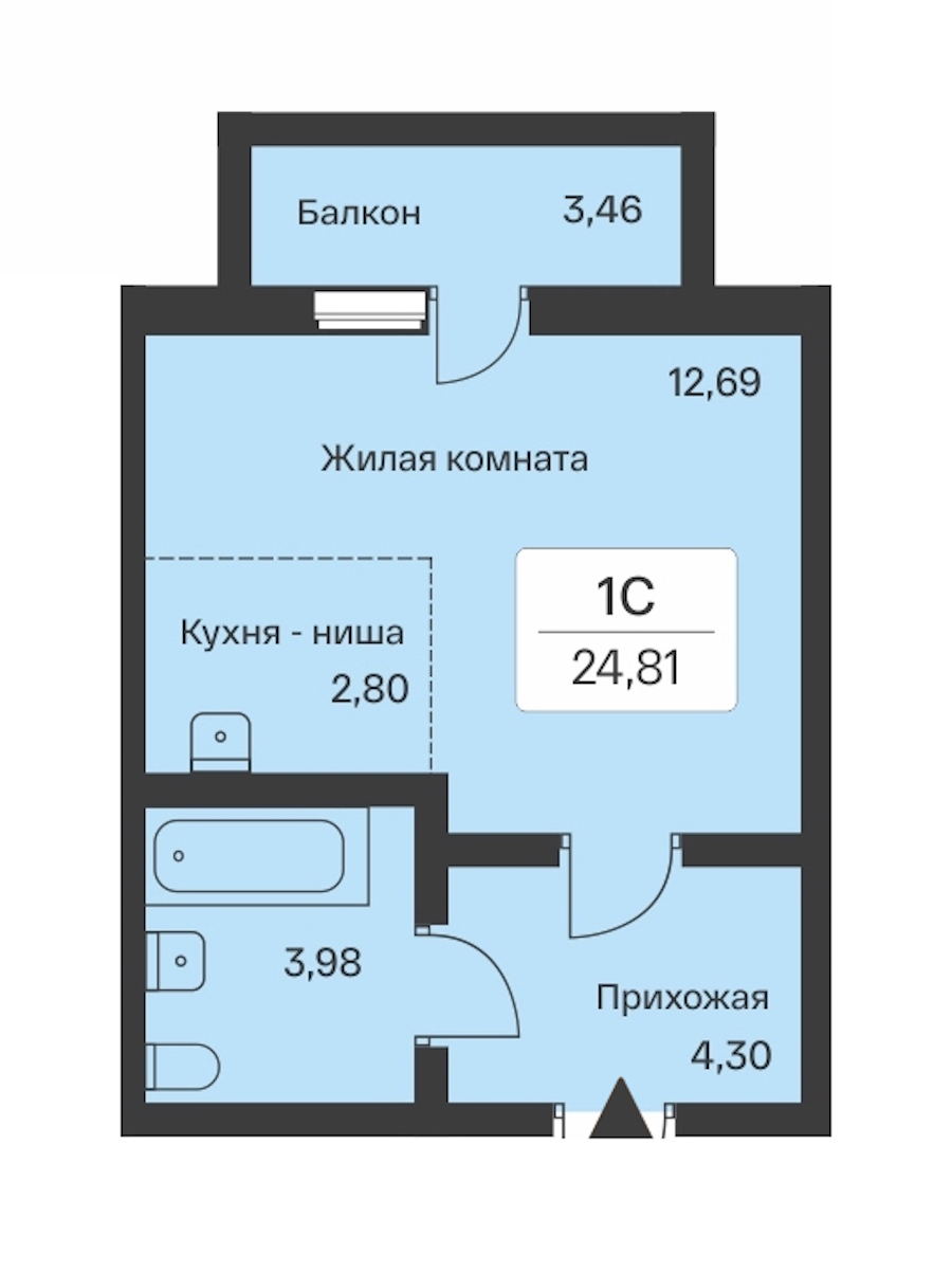 Квартира студия 24.81 м², 9/9 эт., ЖК «Расцветай в Янино»